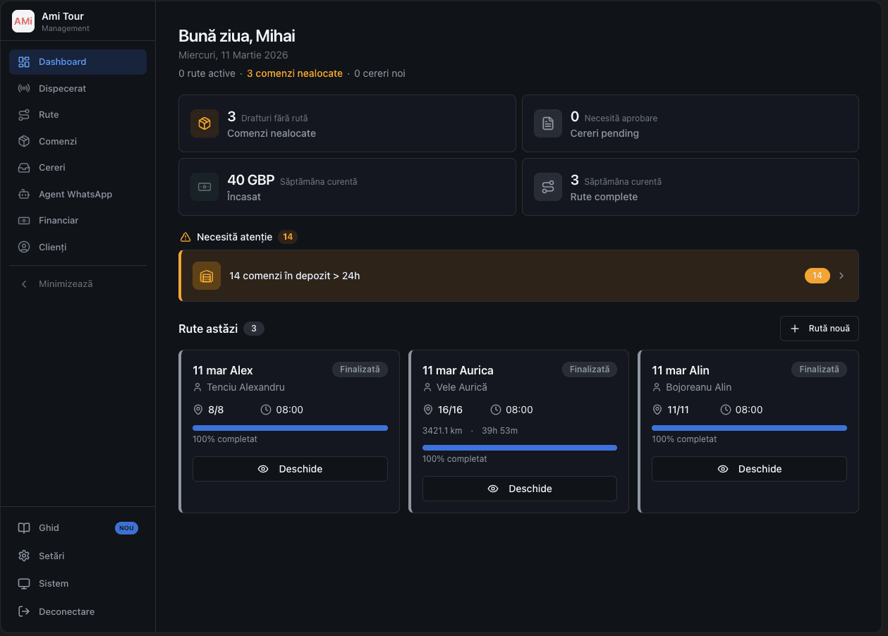 colet.app — dashboard management logistic cu comenzi, rute și tracking live