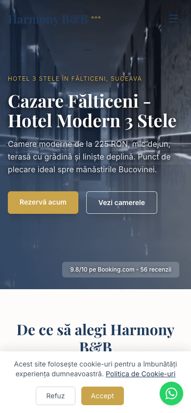 Harmony B&B — site hotel Fălticeni, versiune mobilă