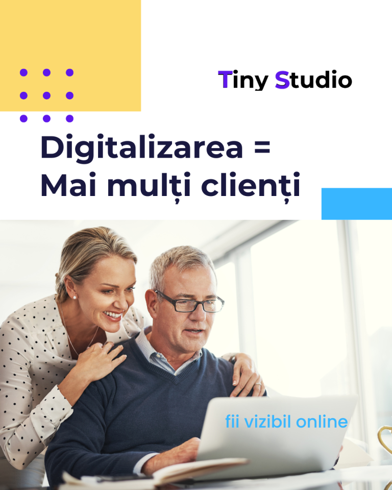Doi antreprenori zâmbitori folosesc un laptop pentru a-și dezvolta afacerea prin digitalizare și marketing online cu ajutorul Tiny Studio.
