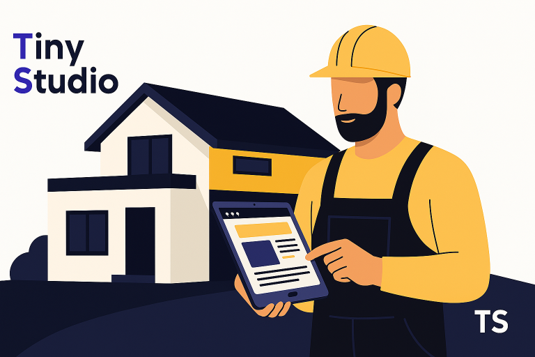 Ilustrație modernă cu un muncitor în construcții care folosește o tabletă pentru a vizualiza un site web creat de Tiny Studio, în fața unei case renovate – culori negru, galben mat și albastru deschis.