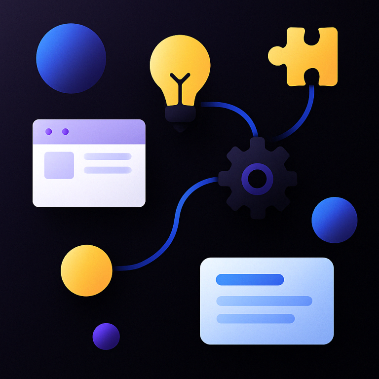 Ilustrație digitală abstractă reprezentând inovația și conexiunile digitale în web design, în culori moderne și forme minimaliste.