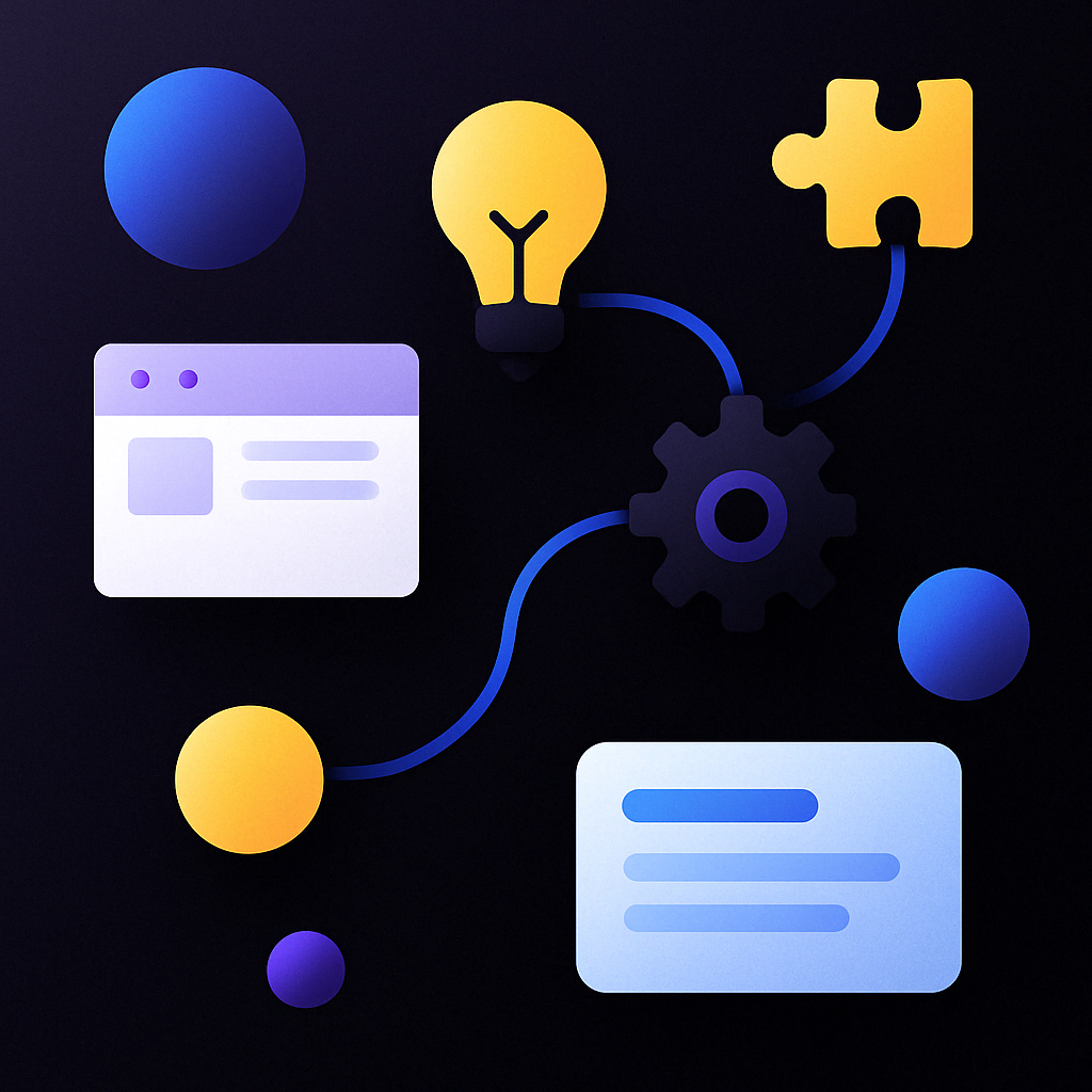 Ilustrație digitală abstractă reprezentând inovația și conexiunile digitale în web design, în culori moderne și forme minimaliste.